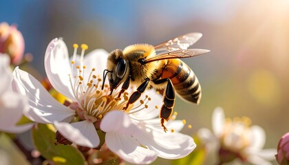 Honeybee on a white flower in sunlight, close-up view with a blurred background of blue sky and foliage