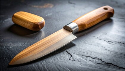 Sharp kitchen knife with wooden handle on dark surface.