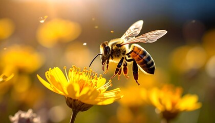 Honeybee poised to land on a sunny yellow wildflower in a field, with other blurred blossoms in the background
