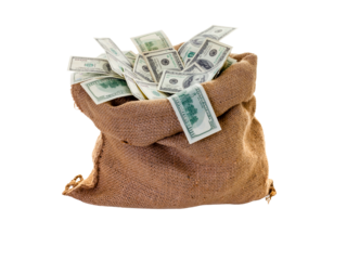 Money bag filled with dollar bills on a white background. PNG transparent.