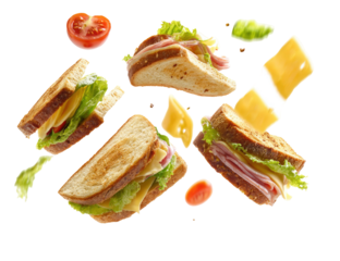 Deconstructed sandwiches with ingredients floating in the air on transparent background