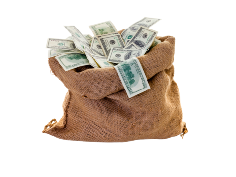 Money bag filled with dollar bills on a white background. PNG transparent.