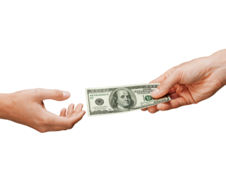 Two hands give and take money in an isolated, transparent background. money exchange