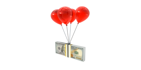 Money bundle with a red balloon isolated on a transparent background