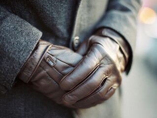 Close-Up of Brown Leather Gloves on Wool Winter Coat
