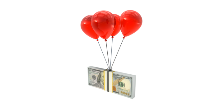 Money bundle with a red balloon isolated on a transparent background