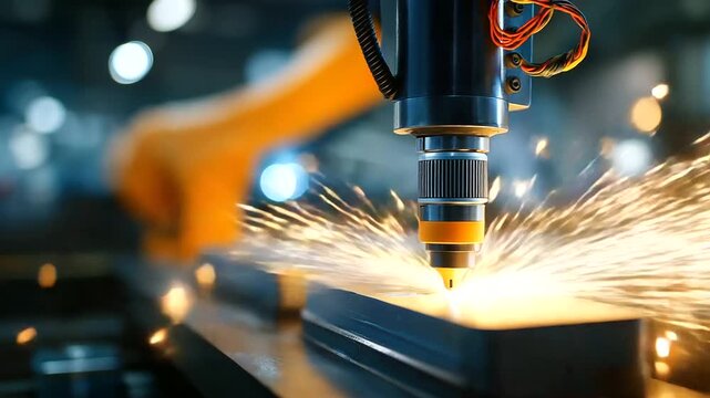 Robotic laser marking system engraving serial numbers on battery housing traceability manufacturing EV component identification automated laser etching orange robot marking