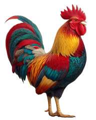 Fototapeta premium Striking portrait of a brightly colored rooster with a red comb, yellow neck feathers, and iridescent tail plumage against a clean black backdrop, showcasing a blend of artistry and nature