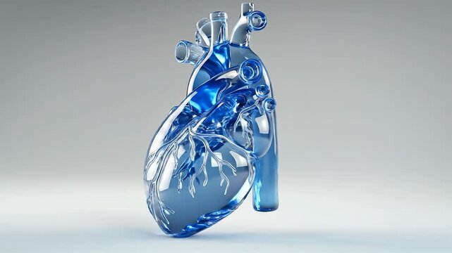 A detailed glass heart sculpture stands out with its intricate design and deep blue color, showcasing artistic craftsmanship. The glass heart sculpture features clear lines and ele