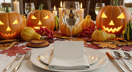Festive halloween table setting with carved pumpkins, candles, and autumn leaves creating a warm and inviting atmosphere