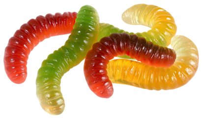 Colorful gummy worms in a twisted pile on transparent background