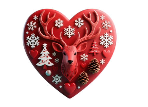 Festive red heart with reindeer and Christmas elements