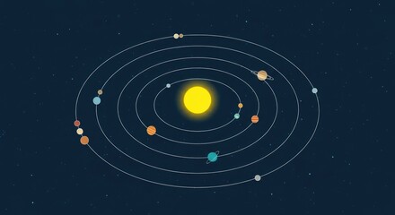 Colorful solar system illustration with planets orbiting sun on dark sky