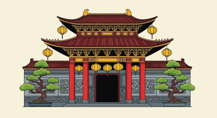 Traditional Chinese temple gate with red roof, pillars, and hanging lanterns, flanked by bonsai trees in a detailed illustration.