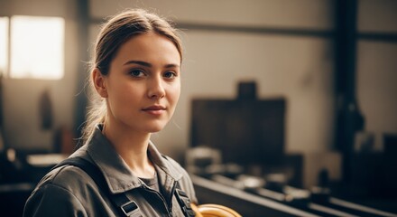 Female technician in workshop standing near industrial machinery