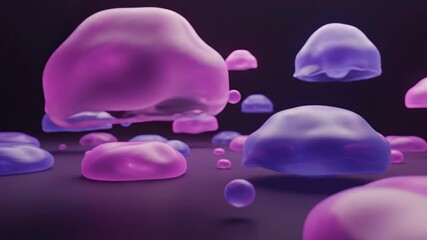 Three dimensional rendering of amorphous glowing blobs floating and resting on a dark surface