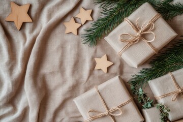 Christmas presents wrapped in burlap and wooden stars on the table