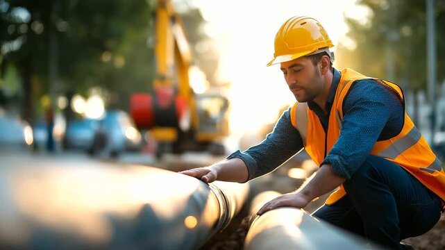 Worker inspecting pipeline joint connection in trench quality control infrastructure construction welded pipe section safety inspection construction site defocused behind pro