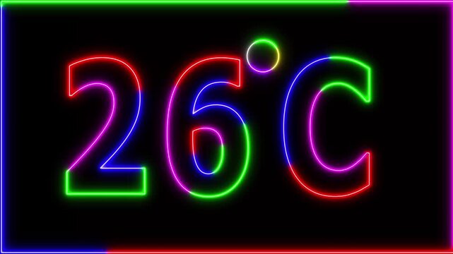 Neon 26&deg;C temperature display showing on black background. Weather temperature displays by degree, climate change, Scientific designs.