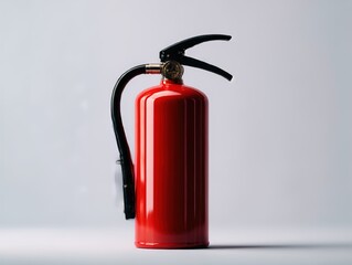 Fototapeta premium A vibrant red fire extinguisher stands on a gray background, symbolizing safety and preparedness.