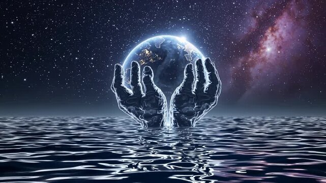 Hand holds glowing earth above water. Reflection of planet mirrors hand and sea. Galaxy and star field fill space. Liquid water forms sculpted hand that cradles globe. Night sky shows nebula and glow.