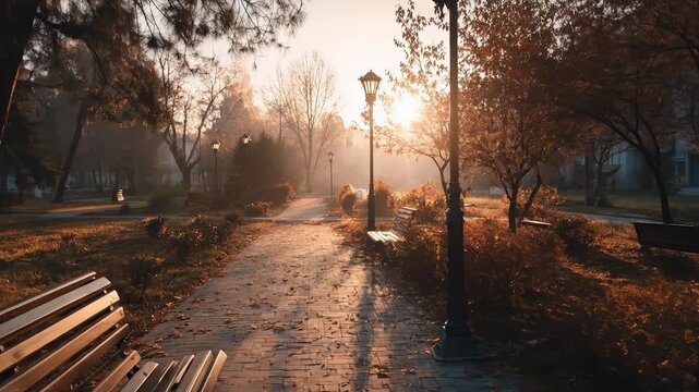 A peaceful park scene features empty benches along a winding path, illuminated by soft morning light. The benches invite visitors to sit and enjoy the tranquil ambiance of the park