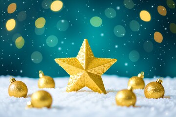 Festive Golden Star Christmas Banner with Snow and Bokeh Lights