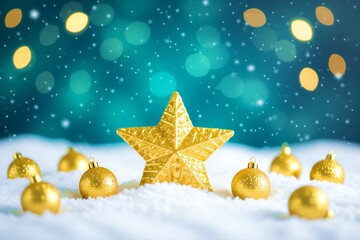 Festive Golden Star Christmas Banner with Snow and Bokeh Lights