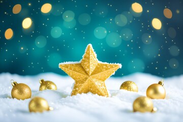 Festive Golden Star Christmas Banner with Snow and Bokeh Lights