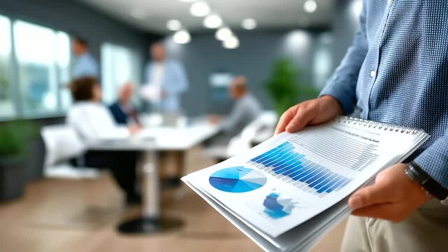 Defocused figure holding a report folder while detailed flawed calculations dominate the foreground, clean minimalist conference room, with copy space