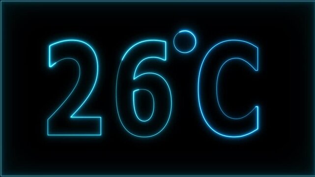 Neon 26&deg;C temperature display showing on black background. Weather temperature displays by degree, climate change, Scientific designs.