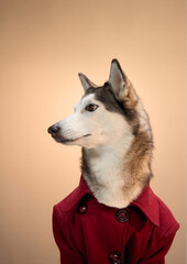 A Siberian Husky dressed in a chic red jacket looks off-camera against a neutral beige background. The refined outfit enhances the dog's graceful and composed demeanor.