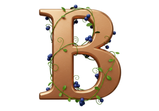 Isolated bronze letter B decorated with leaves and berries for decoration & scrapbooking