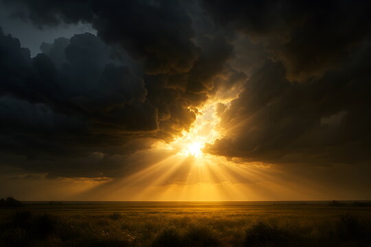 Dramatic sun rays breaking through dark storm clouds over a calm landscape. - Powered by Adobe