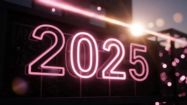 The neon sign displays the year 2025 as sunlight shines through the background, creating a bright scene. The glowing numbers 2025 reflect a future filled with possibilities and exc