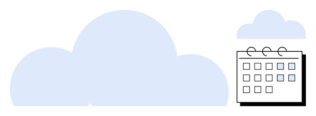 Large cloud beside a spiral-bound calendar with marked dates, showcasing data synchronization, scheduling, and cloud computing. Ideal for productivity, planning, organization, technology, time