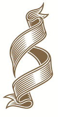 Vector illustration of a vertical, twisting ribbon scroll banner in a vintage engraved style with detailed hatching and dramatic folds.