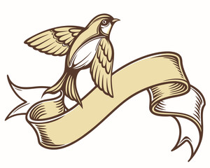 Vector illustration of a stylized bird in flight holding a vintage, flowing ribbon banner scroll, in a classic engraved style
