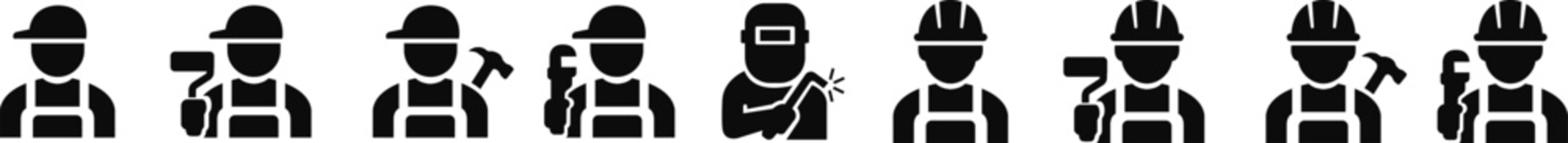 Construction worker icon set builder plumber painter welder engineer maintenance labor character vector pack, black and white and solid professional industry tool avatar symbols for service and repair