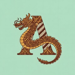 Dragon-themed letter A illustration with batik pattern on a light green background.
