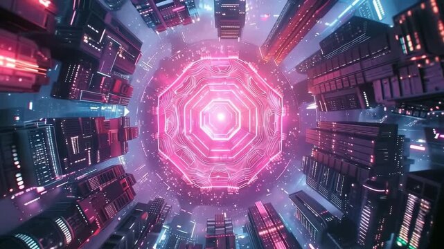 Futuristic cyberpunk cityscape with a vibrant glowing pink geometric core surrounded by towering illuminated skyscrapers 4k video - Powered by Adobe