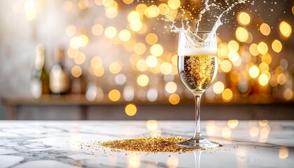 Champagne bottle on marble surface with golden confetti, splash, and glowing festive bokeh lights.
