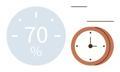 Percentage in a blue circle paired with an analog clock accentuates progress and time tracking. Ideal for productivity, efficiency, goals, deadlines, planning, schedules, simple flat metaphor