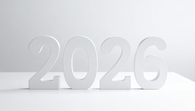 White 3D “2026” numerals on white surface with minimalist background, clean and modern aesthetic.
