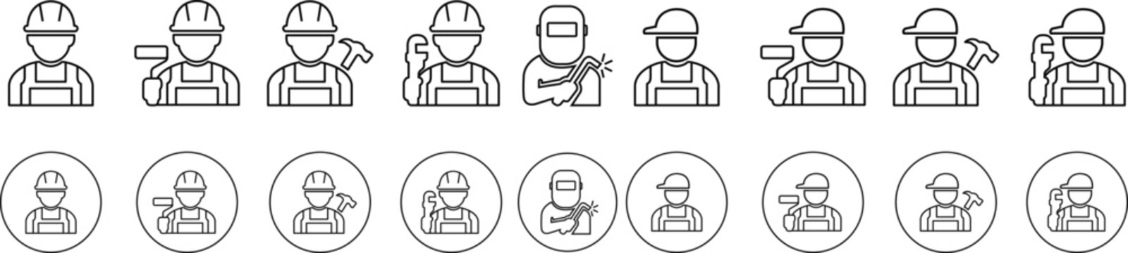 Construction worker icon set builder plumber painter welder engineer maintenance labor character vector pack, black and white and solid professional industry tool avatar symbols for service and repair