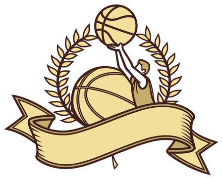 Classic vector sports crest for basketball, featuring a player silhouette, a laurel wreath of victory, and a blank ribbon banner template.