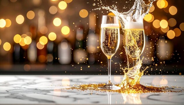 Champagne bottle on marble surface with golden confetti, splash, and glowing festive bokeh lights.