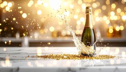 Champagne bottle on marble surface with golden confetti, splash, and glowing festive bokeh lights.
