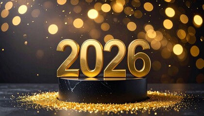 Gold “2026” numerals on black and gold pedestal with scattered particles and glowing bokeh lights.