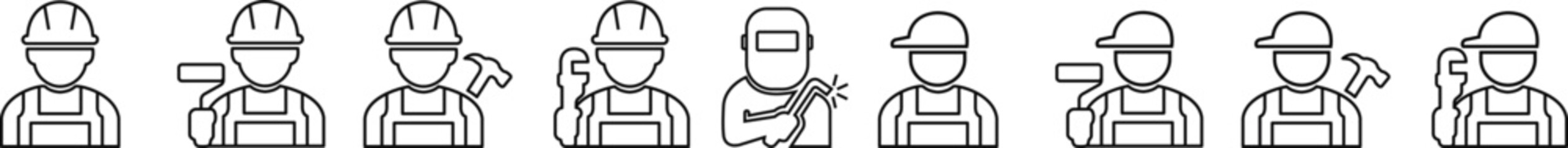Construction worker icon set builder plumber painter welder engineer maintenance labor character vector pack, black and white and solid professional industry tool avatar symbols for service and repair